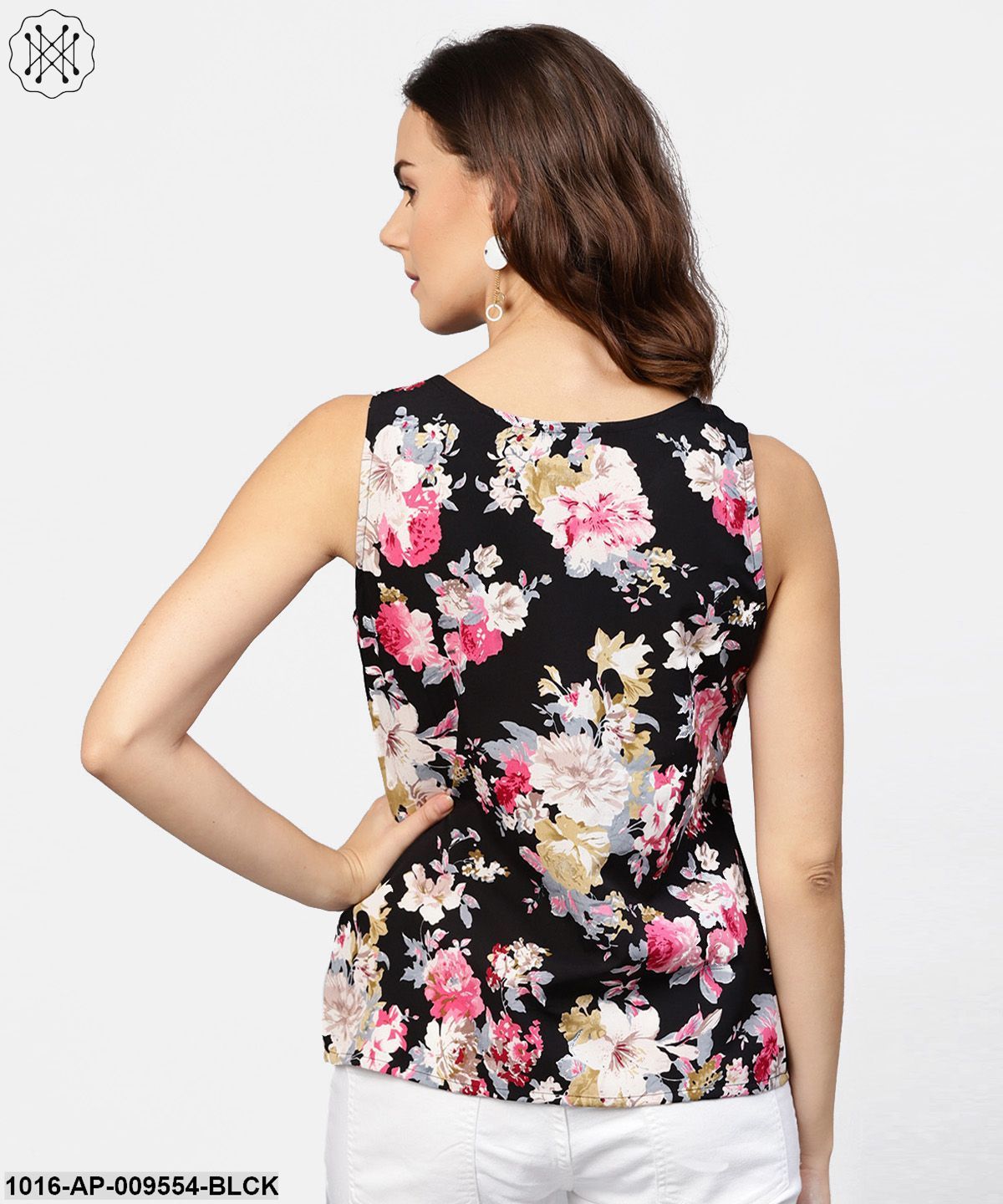 Black Printed Cutways Sleeveless Crepe Tops