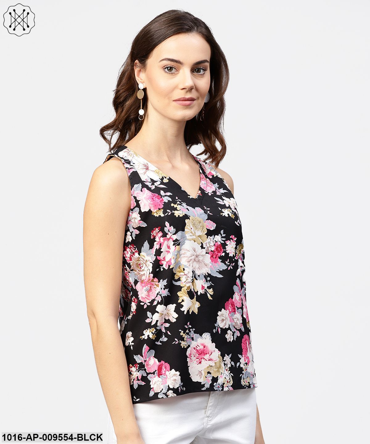 Black Printed Cutways Sleeveless Crepe Tops