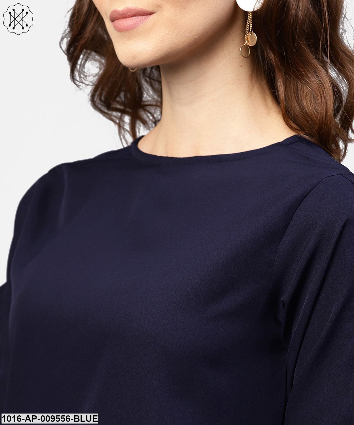 Blue Full Sleeve Crepe Top With Gathered