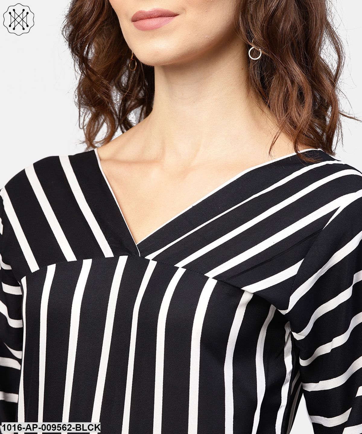 Black Striped 3/4Th Sleeve Shirt Style Top