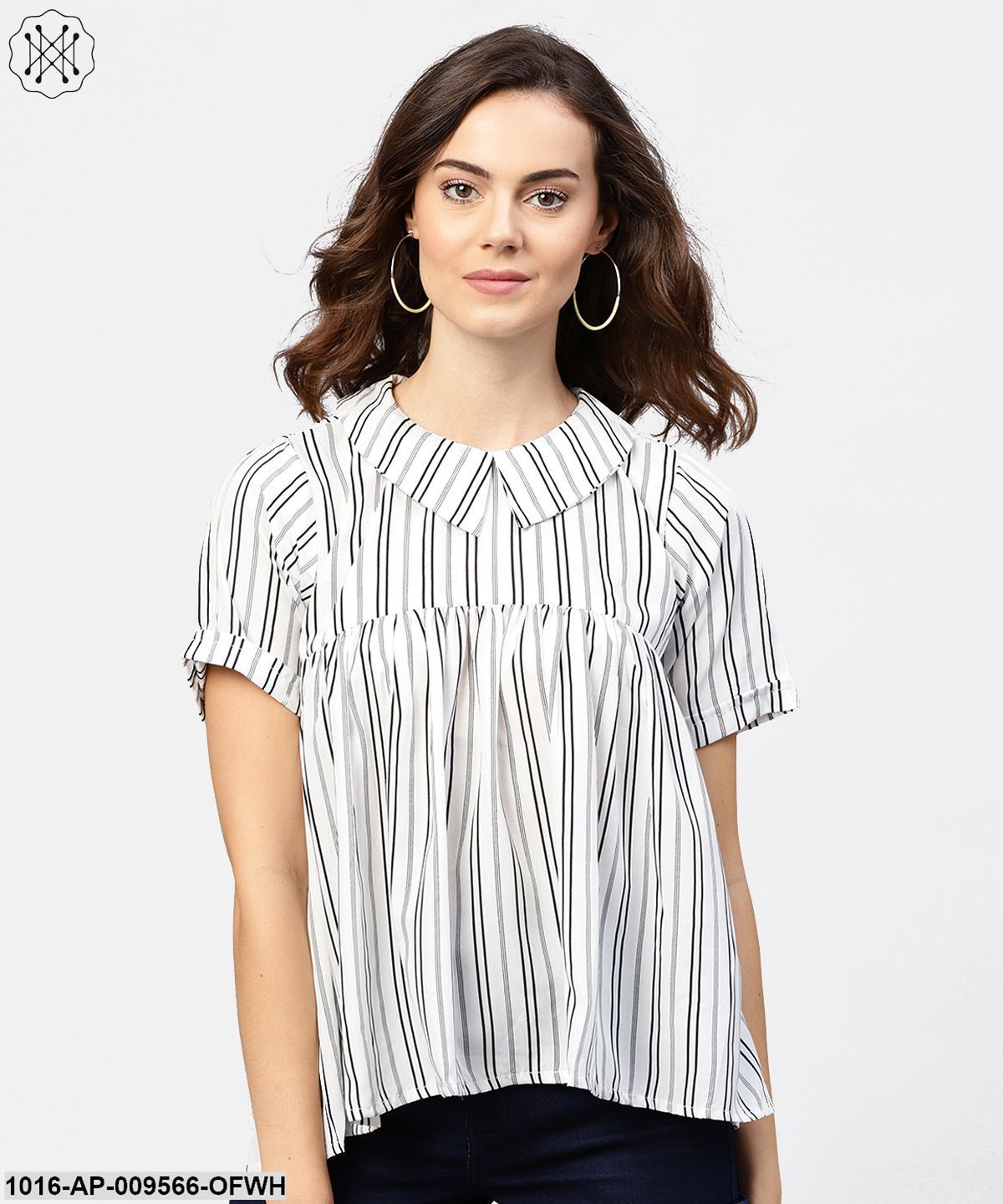 Striped Printed Short-Shirt Collar And Elbow Sleeves A-Lined Top