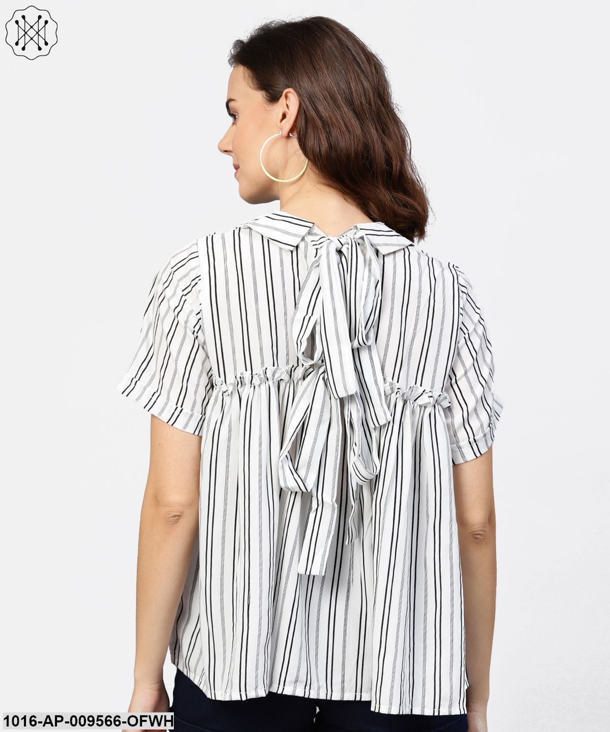Striped Printed Short-Shirt Collar And Elbow Sleeves A-Lined Top
