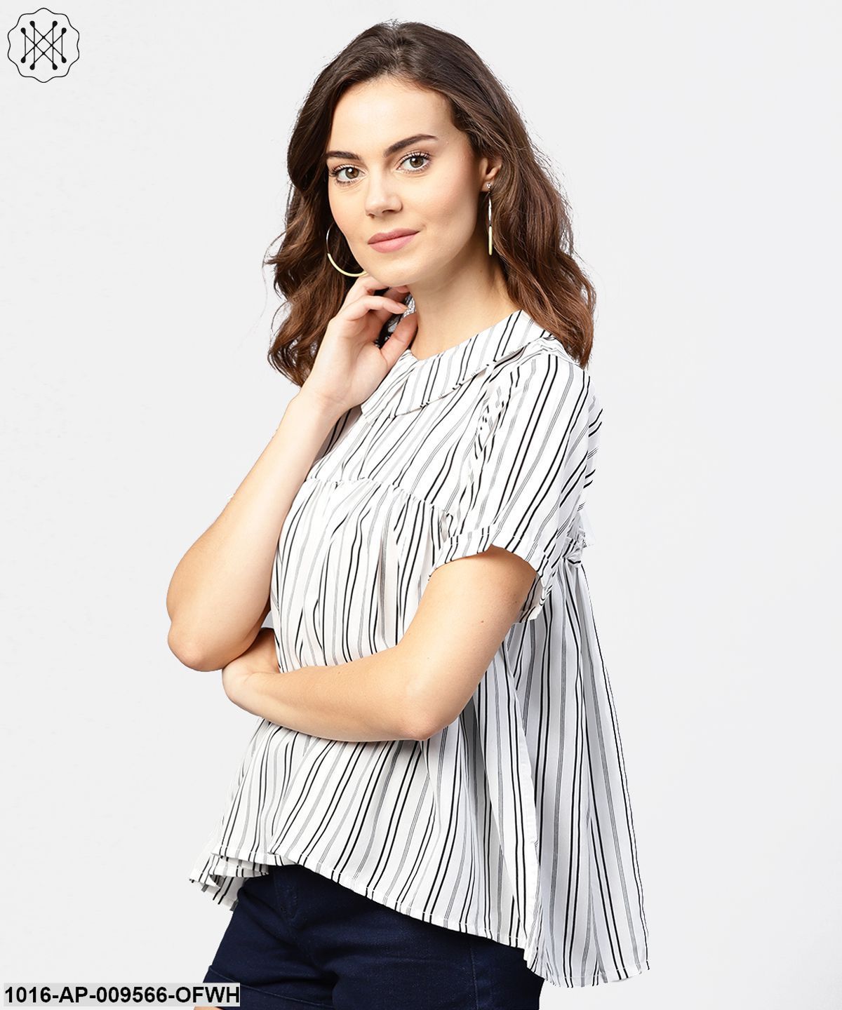 Striped Printed Short-Shirt Collar And Elbow Sleeves A-Lined Top