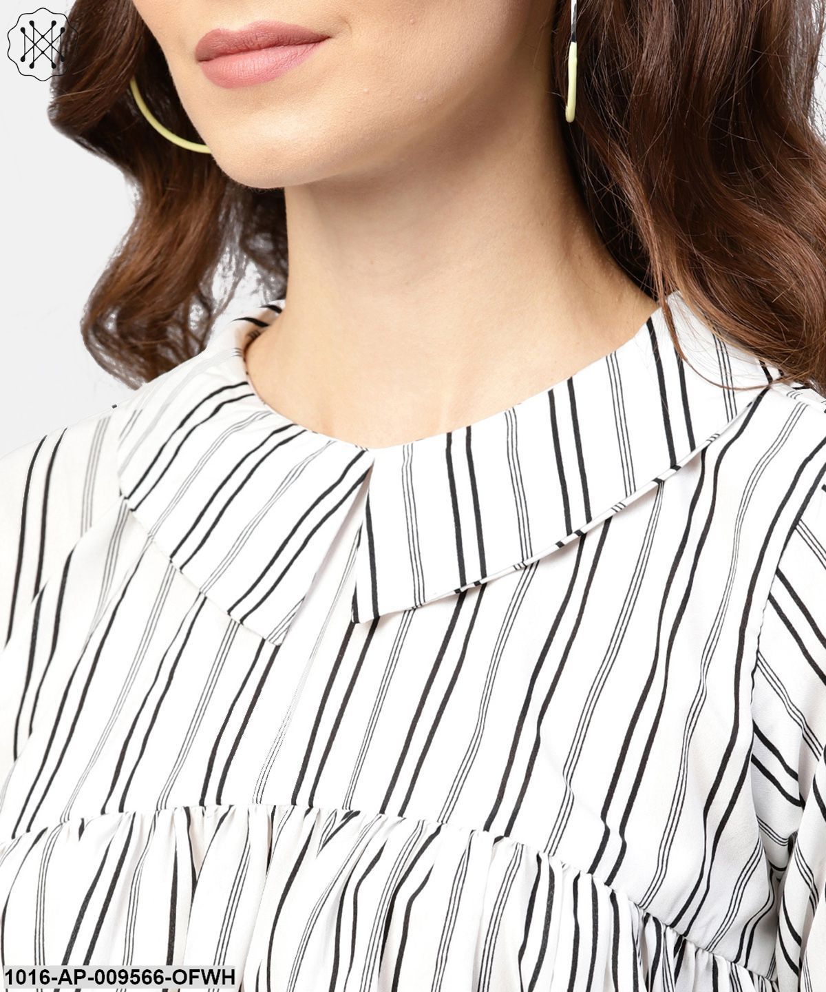 Striped Printed Short-Shirt Collar And Elbow Sleeves A-Lined Top