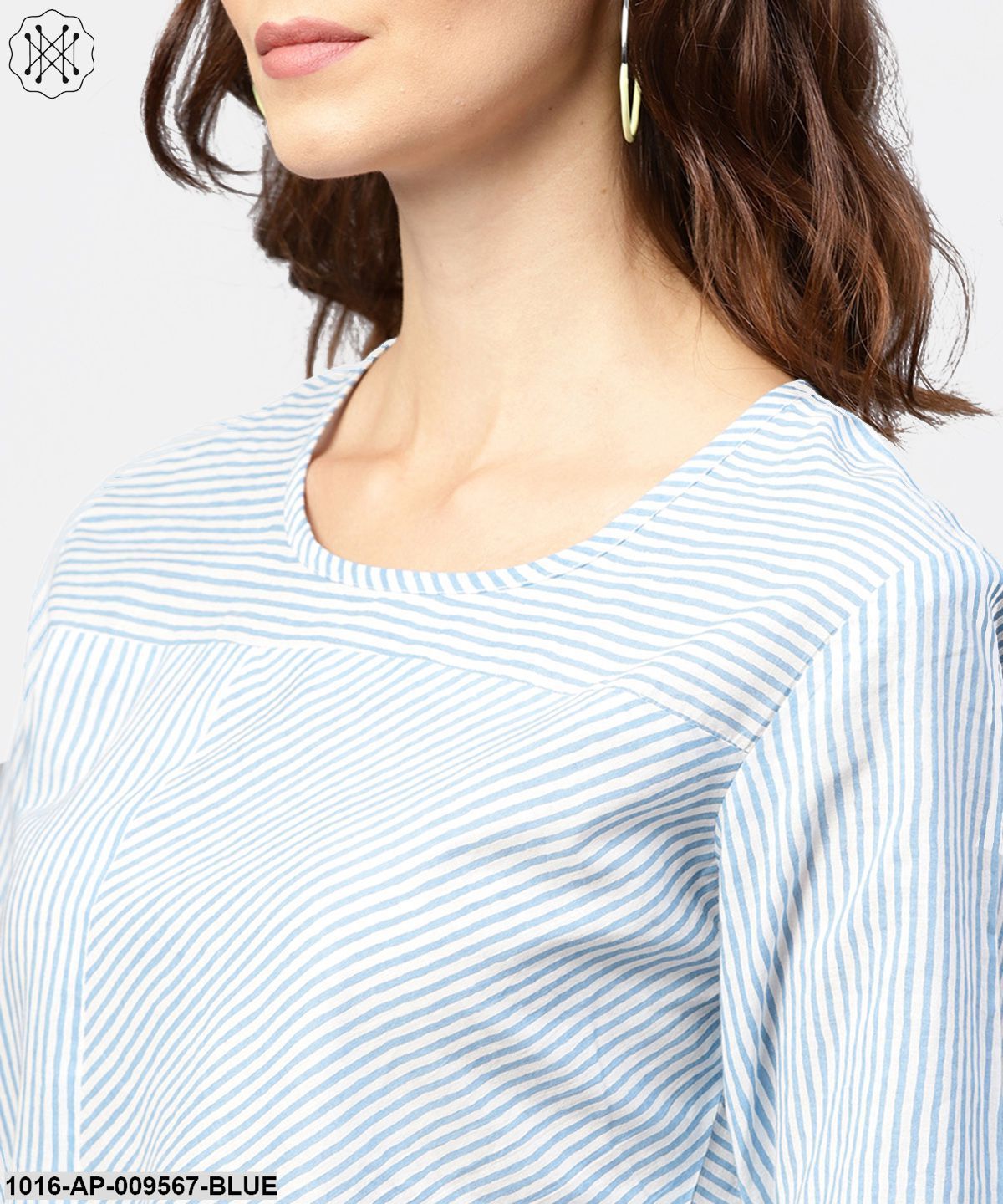 Blue Striped Short Sleeve Top With Round Neck