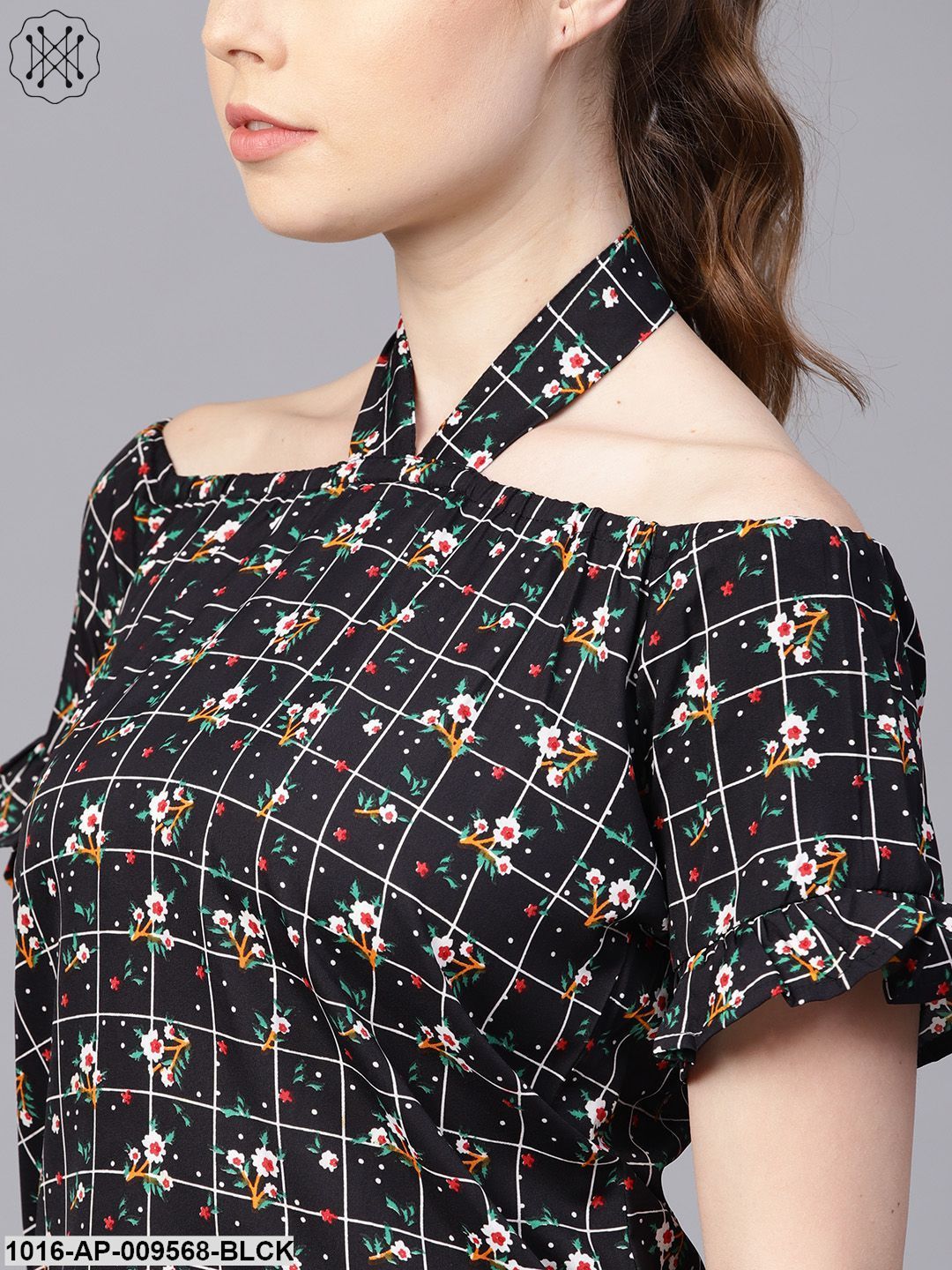 Black Checked Floral Top With Halter Neck & Half Sleeves