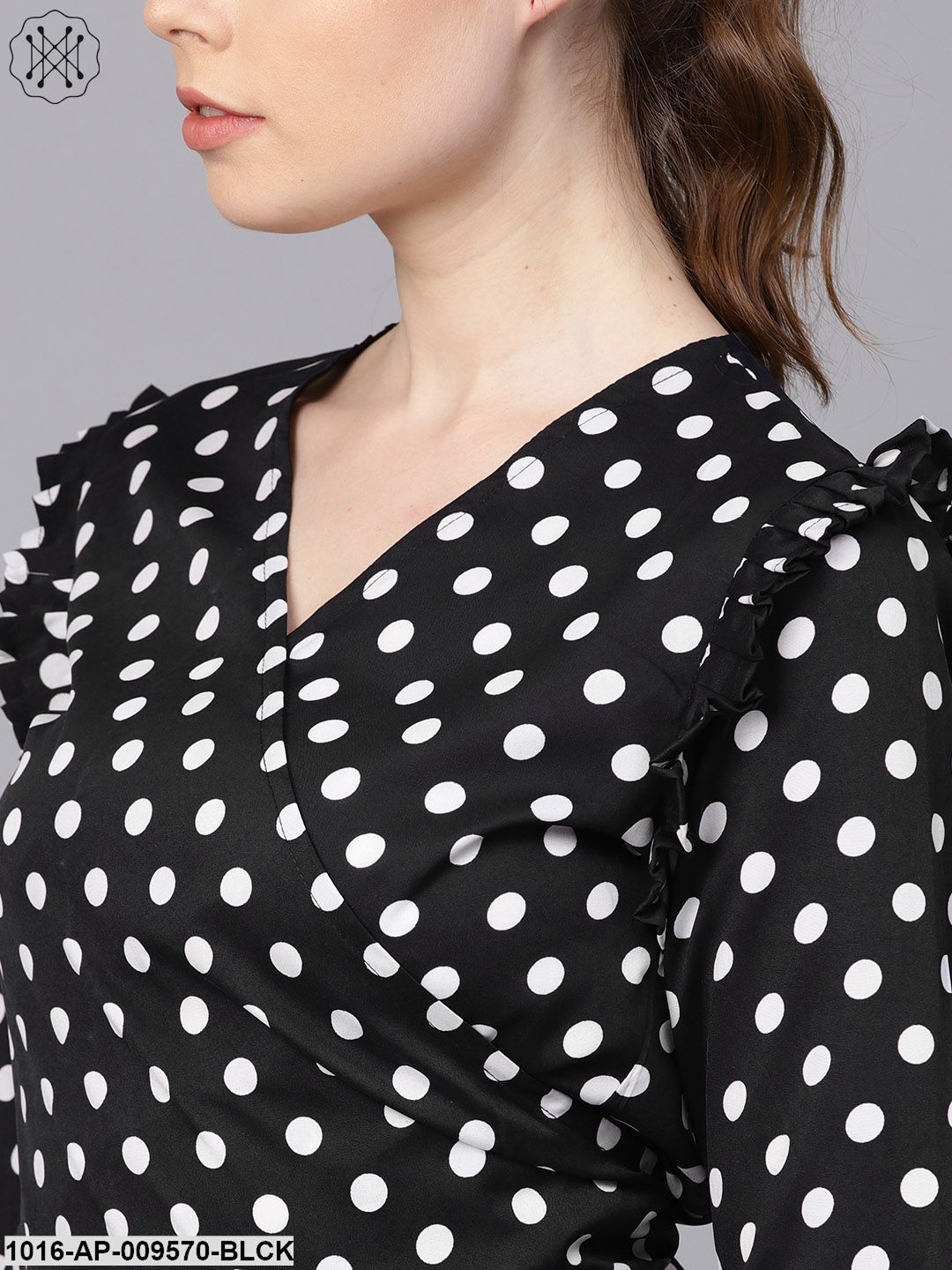 Black Polka Dots Top With Detailed Sleeves & V-Neck