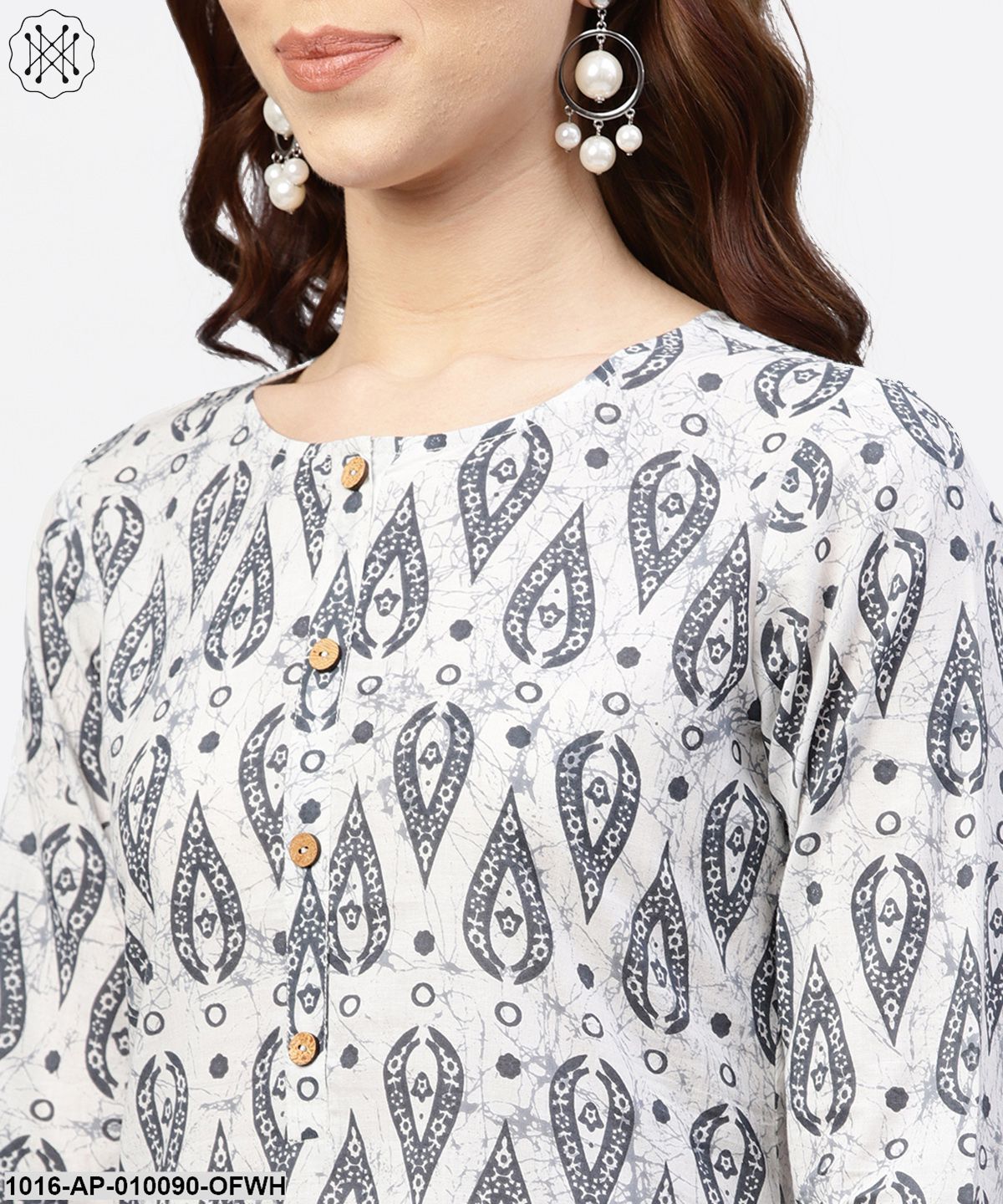 Off White Printed Long Top With Front Placket And 3/4 Sleeves