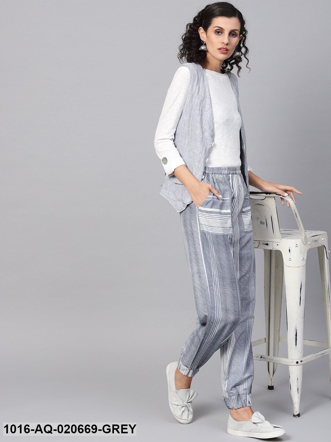 Grey & White Regular Fit Striped Joggers