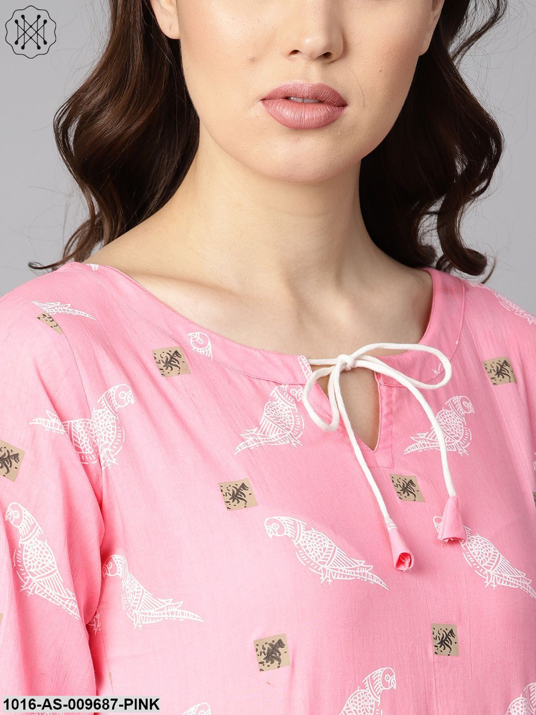 Bird Print White Khari Light Pink Tunic With Dori Detailing