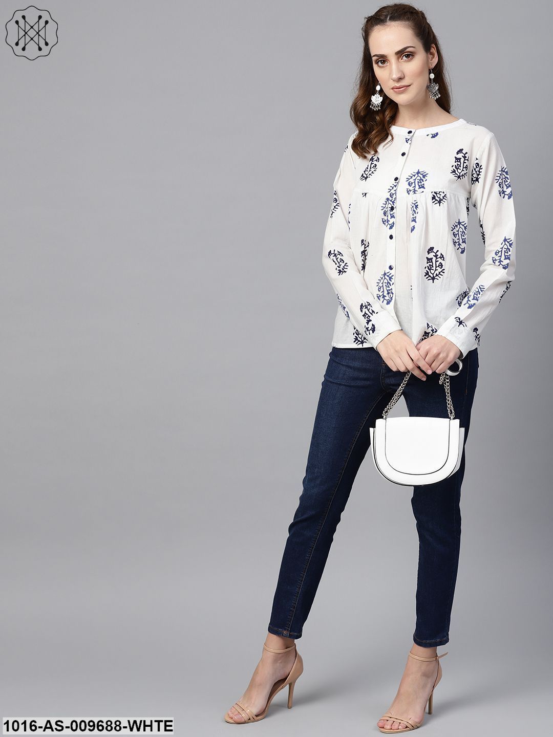 White Navy Blue Printed Tunic With Mandarin Collar & Full Sleeves