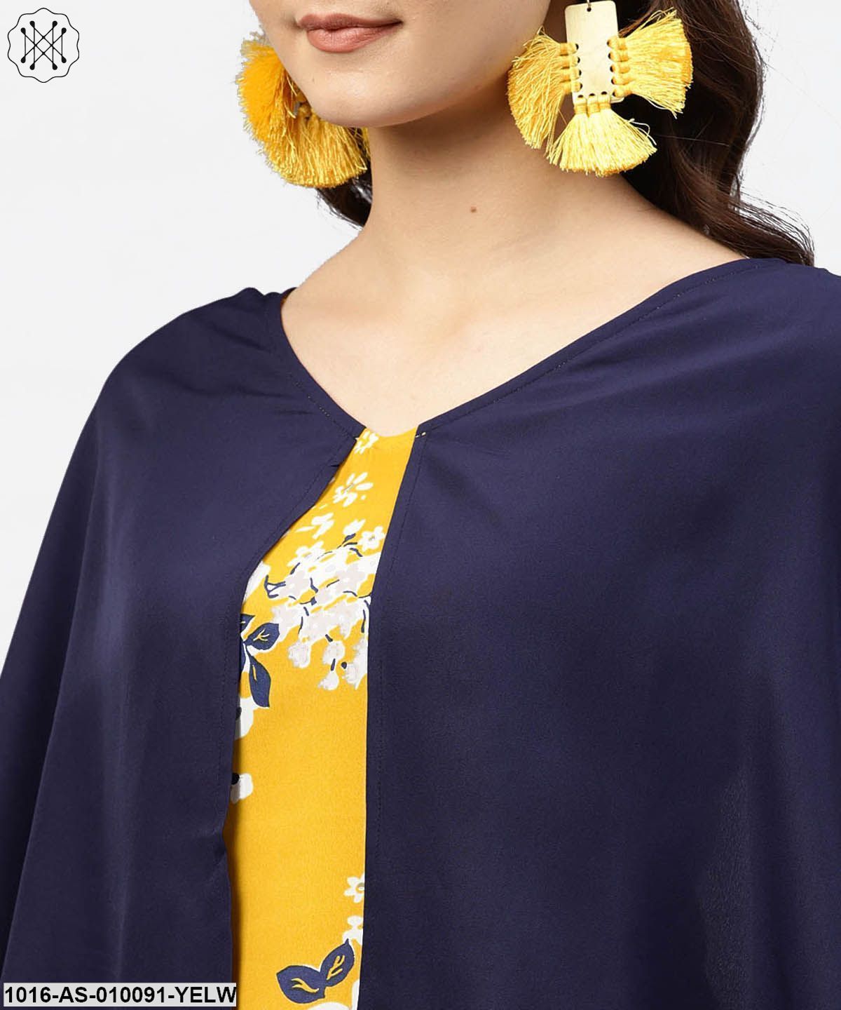 Yellow Printed Tunic With Attached Cape Sleeves And V-Neck