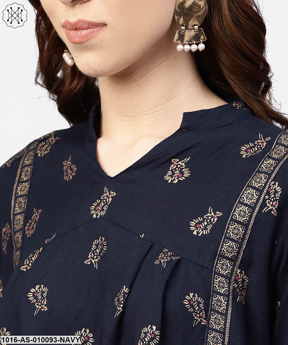 Navy Blue Printed Full Sleeve Tunic With Madarin Collar