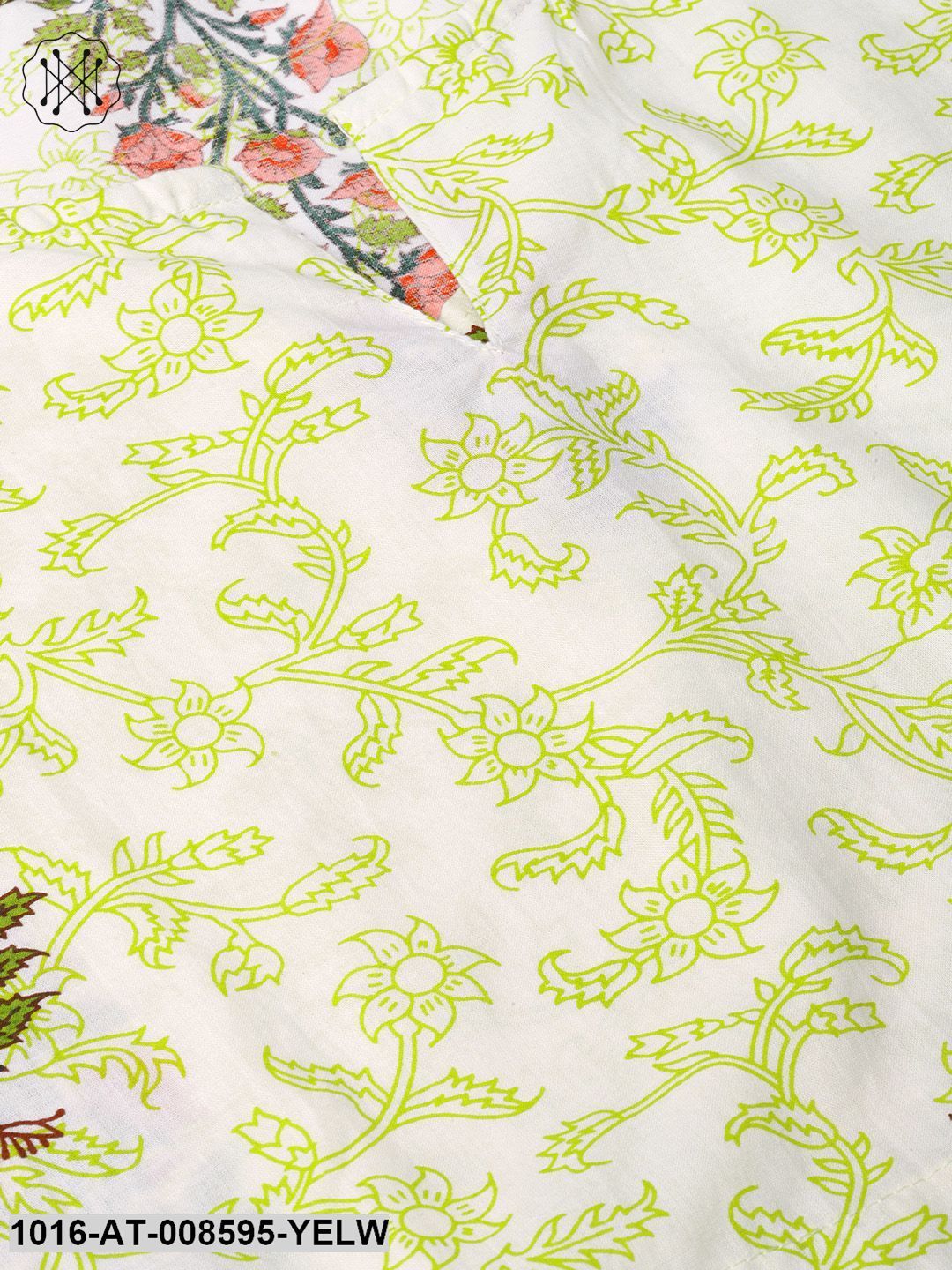 Light Green & Multi Coloured Kaftan Style Kurta With Round Neck & Half Sleeves