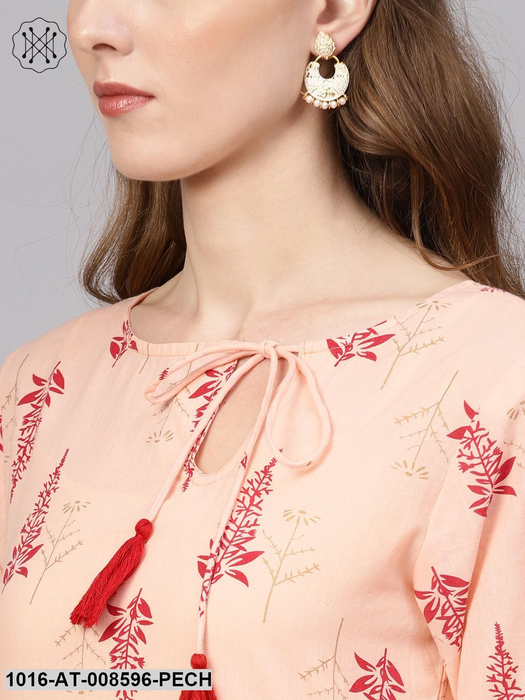 Peach & Red Gold Printed Kurta With Side Keyhole Neck & 3/4 Sleeves