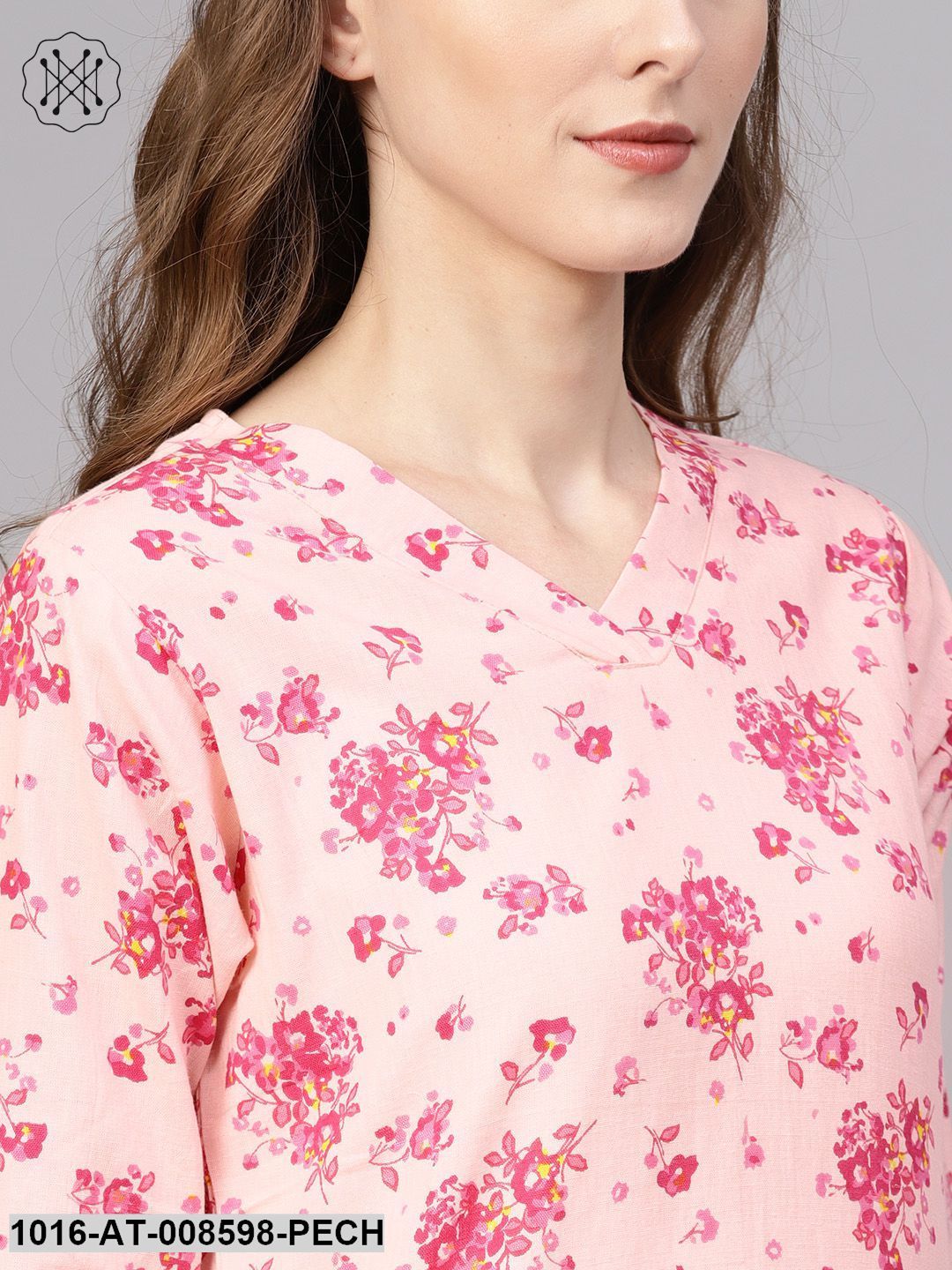 Peach Floral Printed Kurta With V-Neck & Knot Style Sleeves
