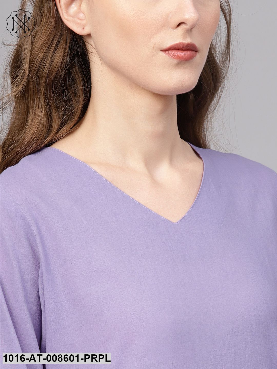 Purple Straight Kurta With V-Neck & Schifli Cuffed Sleeves