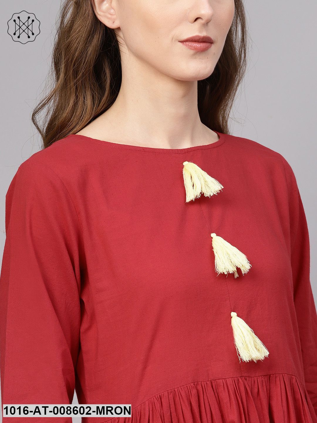 Maroon Asymmetric Gathered Kurta With Round Neck Full Sleeves