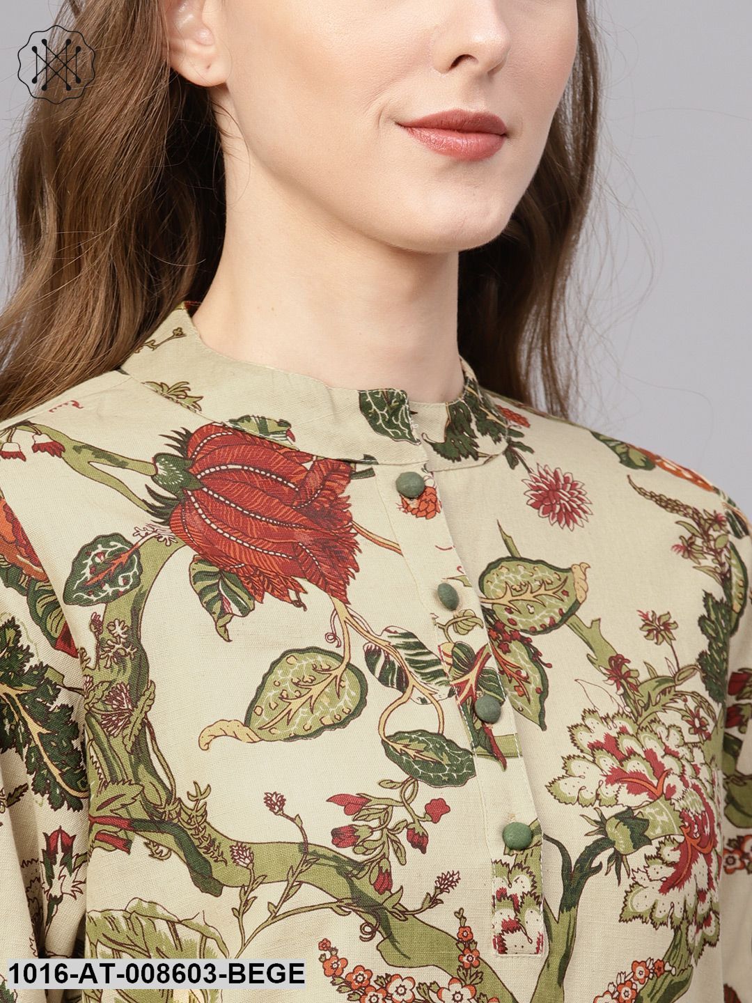 Beige Multi Coloured Printed Straight Kurta With Mandarin Collar & 3/4 Sleeves