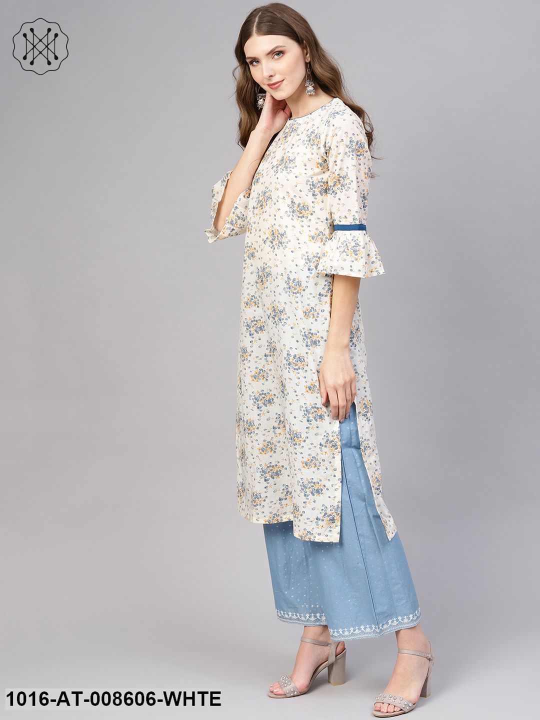 White & Blue Floral Printed Straight Kurta With Round Neck & Flared Sleeves