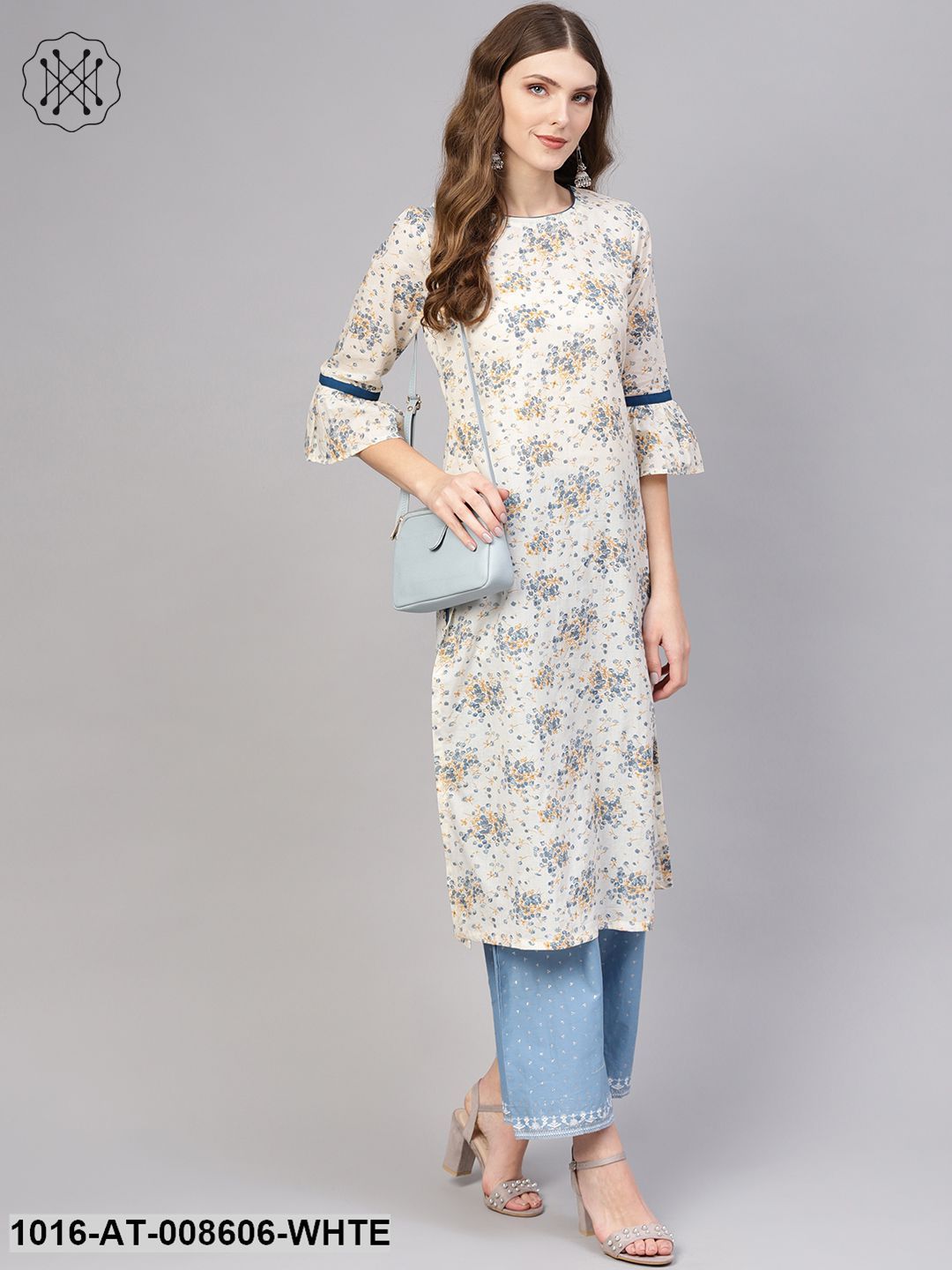 White & Blue Floral Printed Straight Kurta With Round Neck & Flared Sleeves