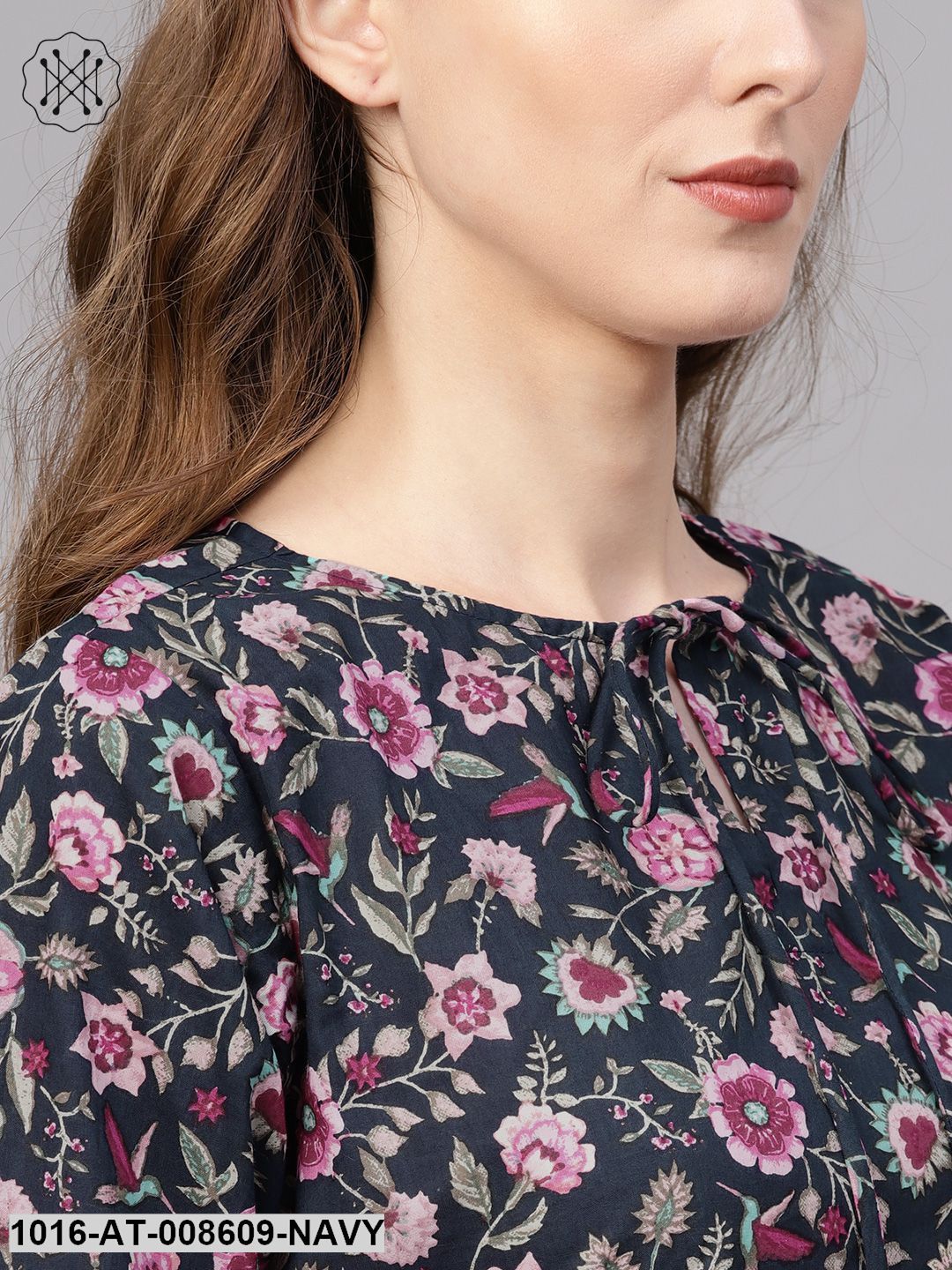 Blue & Pink Floral Printed Straight Kurta With Keyhole Neck & 3/4 Sleeves