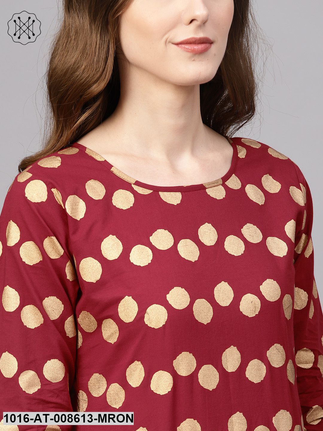 Maroon Gold Printed Straight Kurta With Round Neck & 3/4 Sleeves