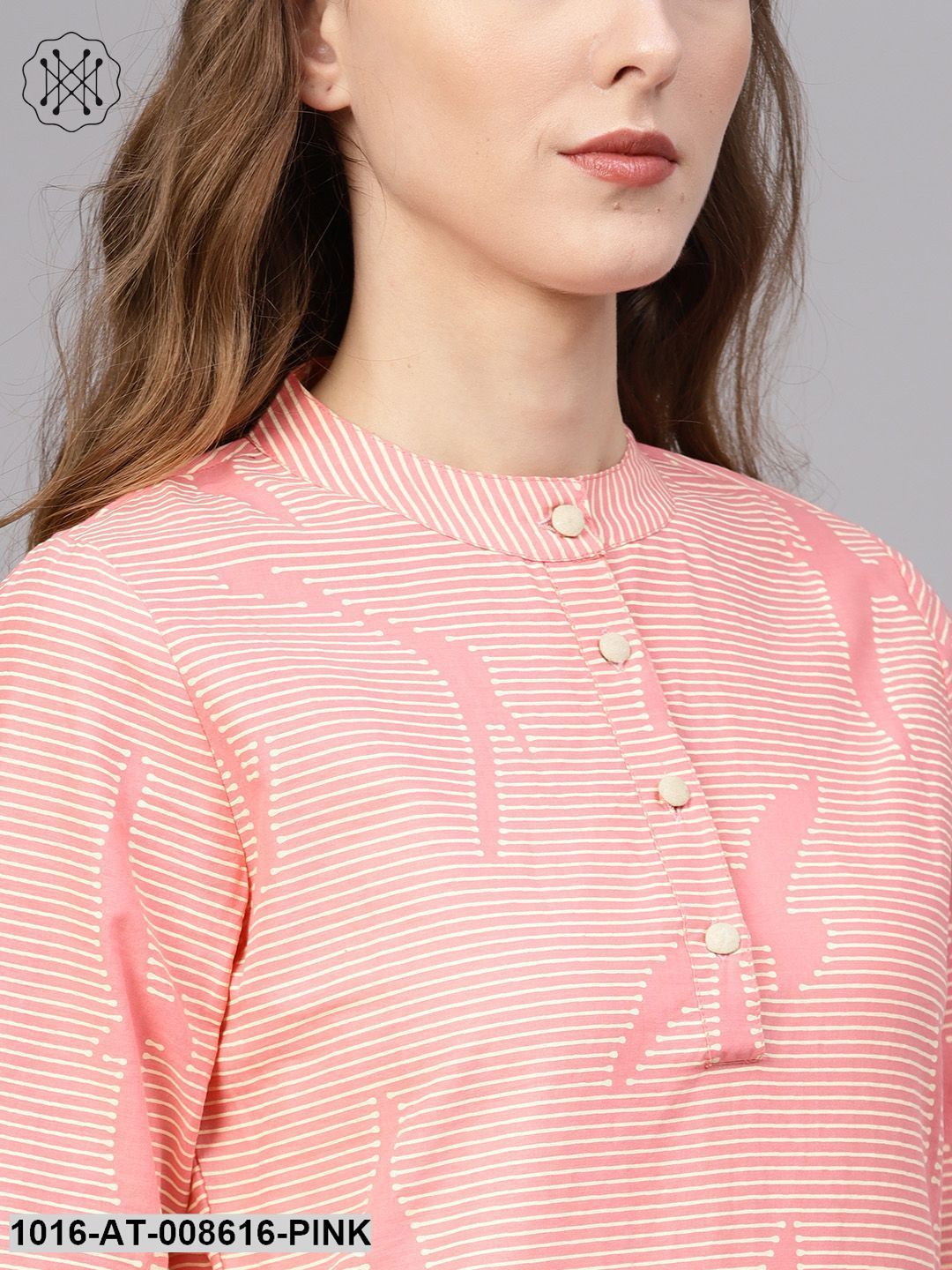 Pink Printed Straight Kurta With Mandarin Collar & Half Sleeves