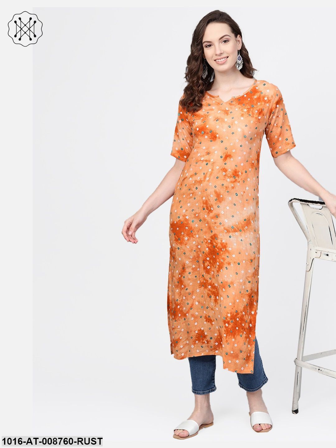 Rusty Orange Bandhni Straight kurta with Round neck & Half sleeves