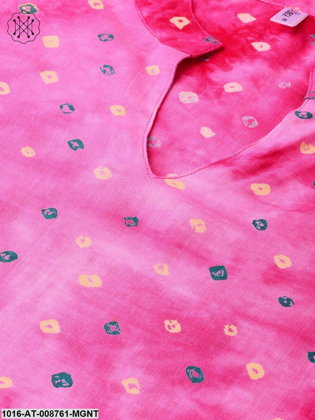 Magenta Bandhni Kurta with Mandarin collar with 3/4 sleeves