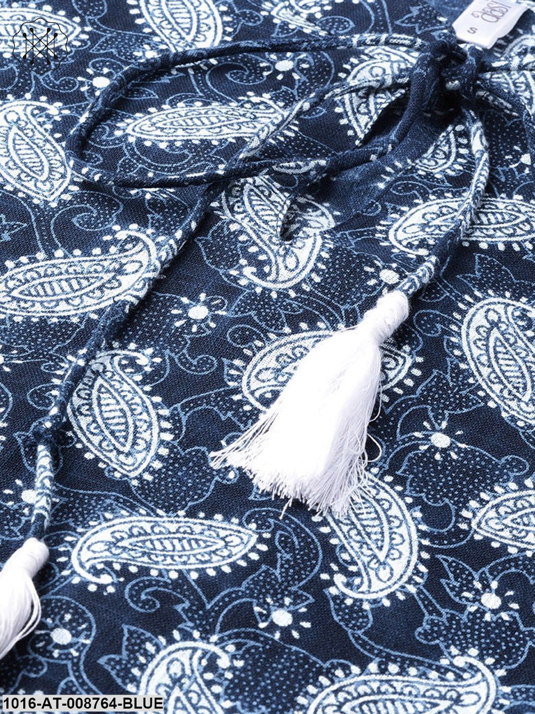 Indigo Blue & white printed Straight Kurta with Mandarin collar & 3/4 sleeves