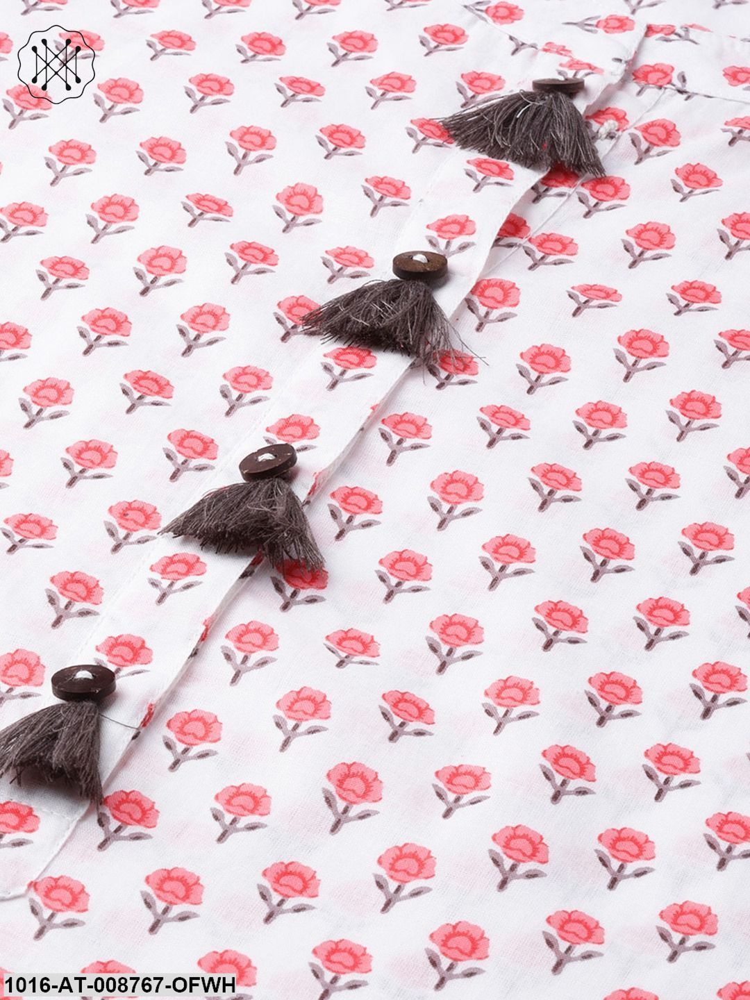 Off-white & pink Printed straight kurta with Mandarin Collar with detailed placket & 3/4 sleeves