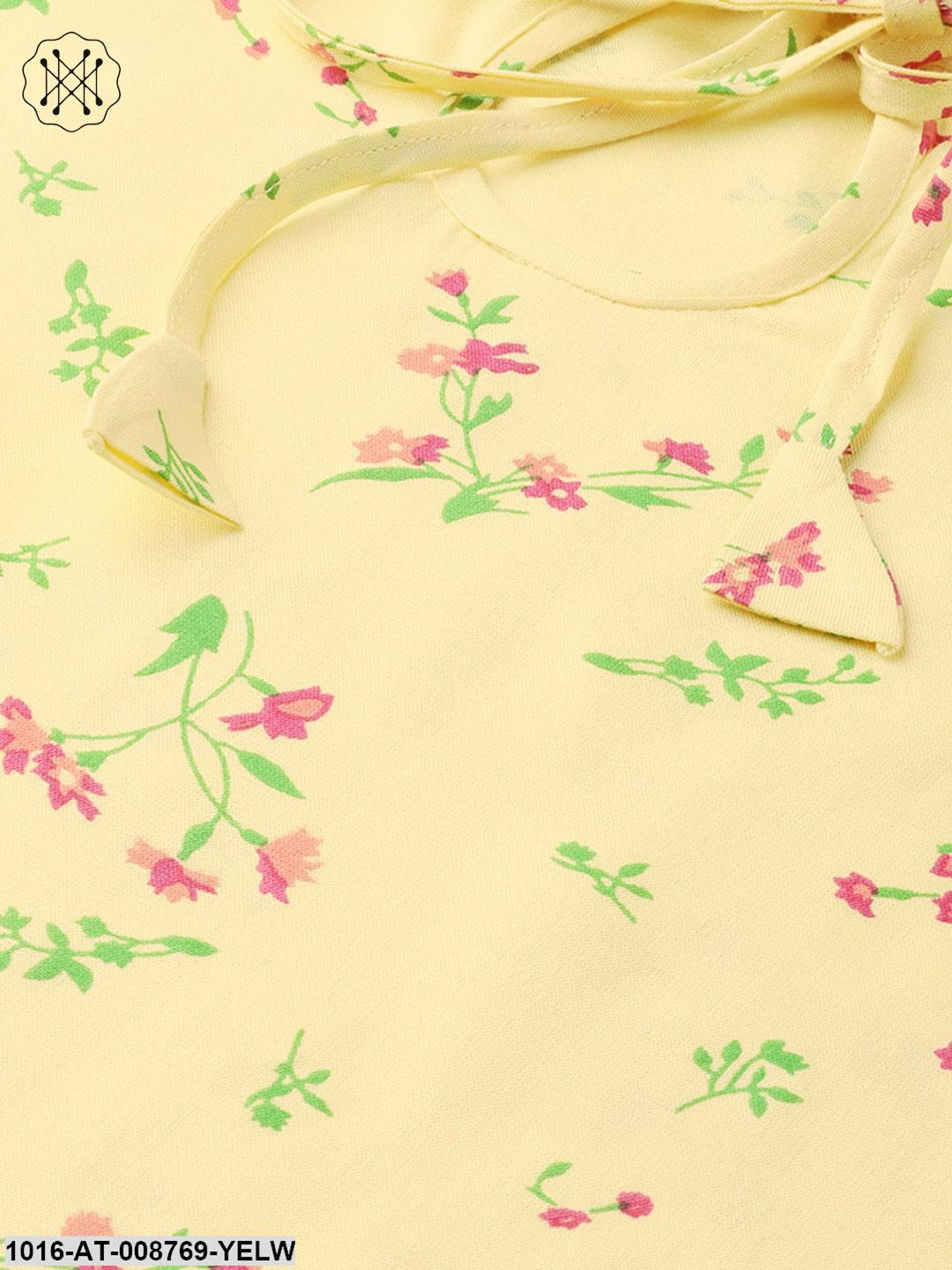 Light Yellow Multi coloured Floral printed Straight kurta with Keyhole neck & half sleeves