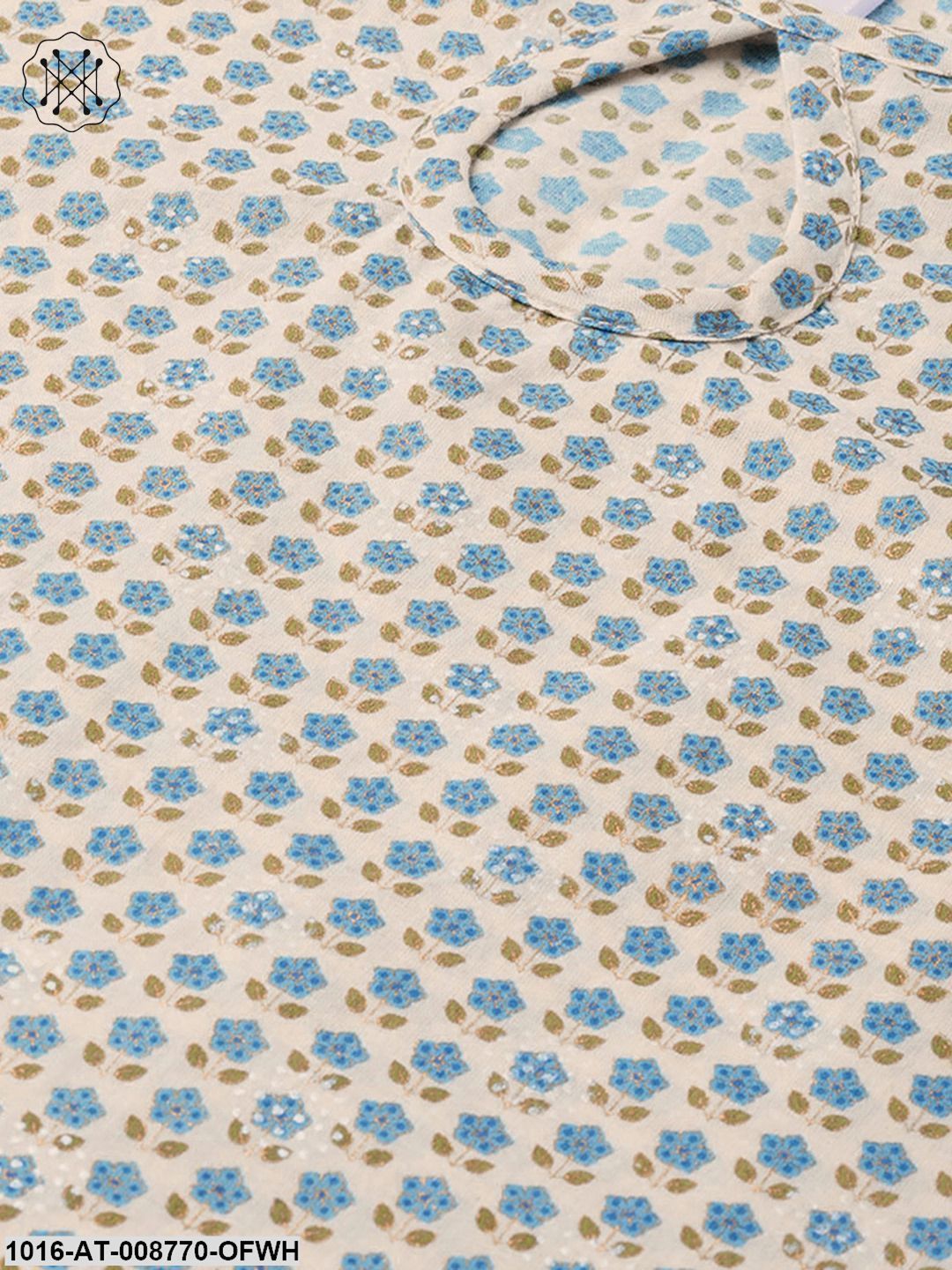 Off- White printed Straight Kurta with Key hole neck & 3/4 sleeves