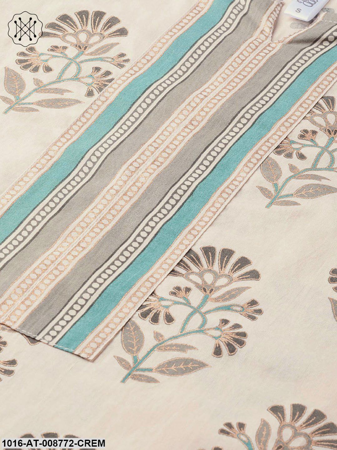 Cream Printed Straight Kurta with Round neck with V Slit & 3/4 sleeves