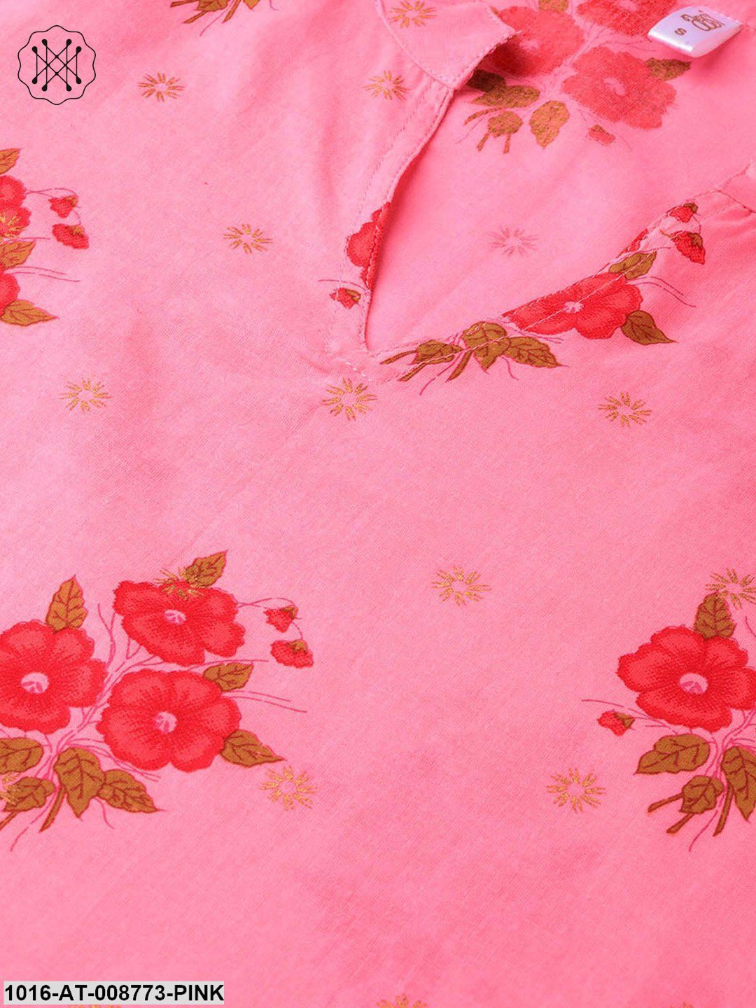 Pink Floral printed Kurta with Mandarin collar & 3/4 sleeves
