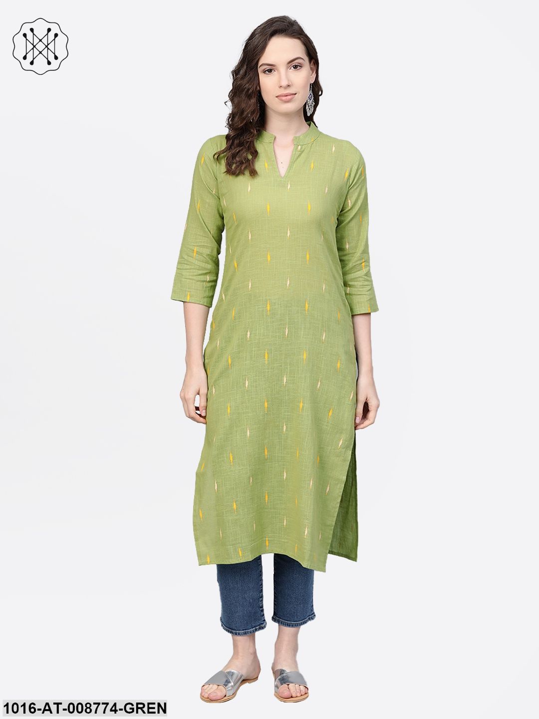 Pickle Green Straight kurta with Mandarin collar & 3/4 sleeves