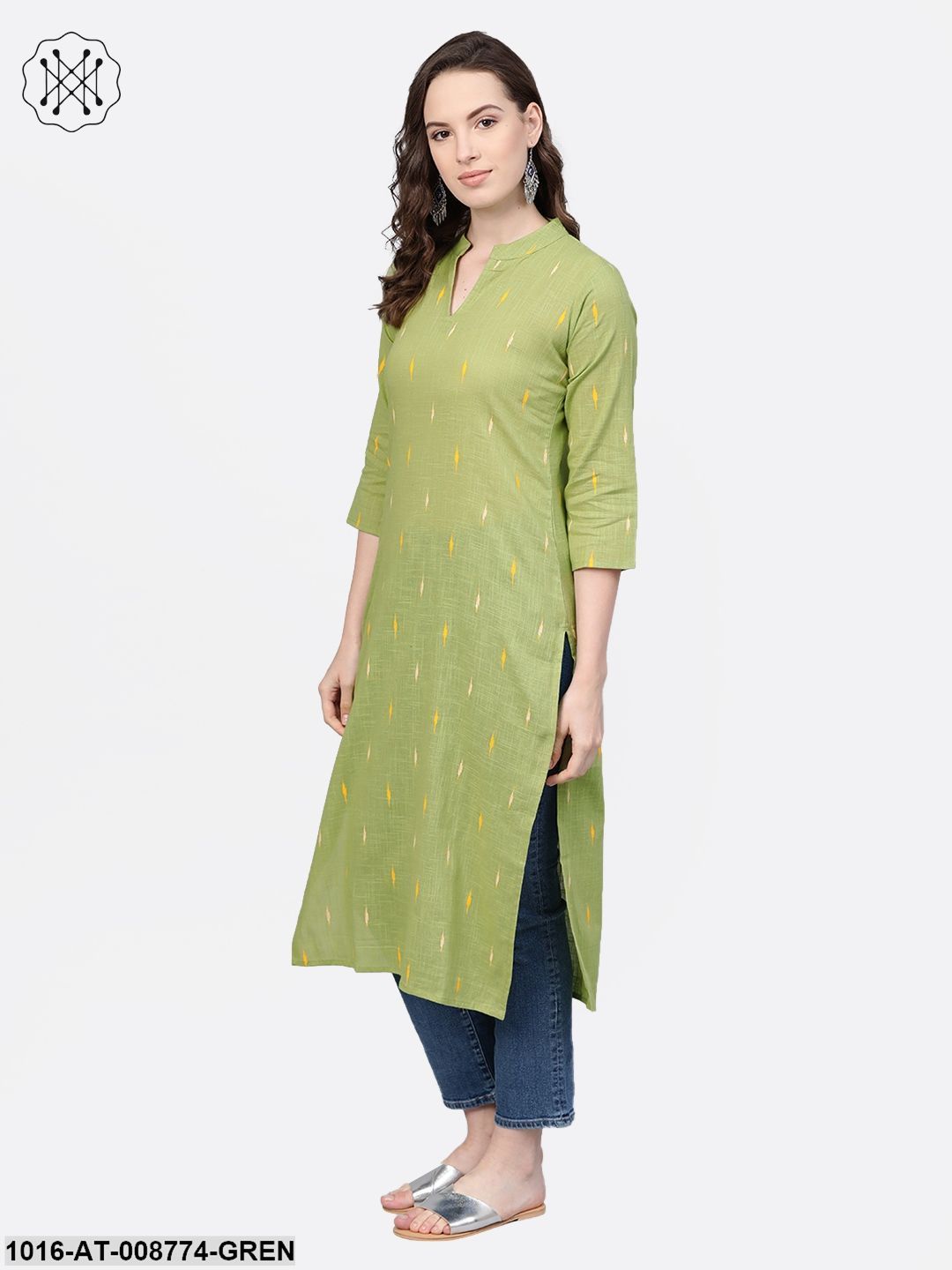 Pickle Green Straight kurta with Mandarin collar & 3/4 sleeves
