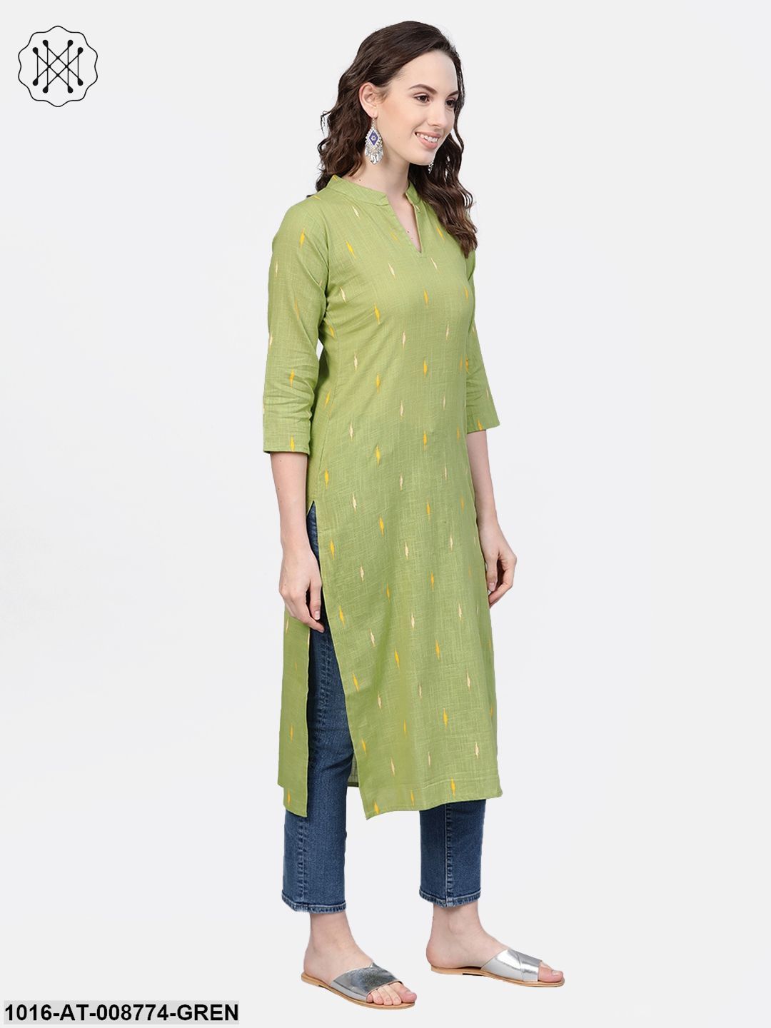 Pickle Green Straight kurta with Mandarin collar & 3/4 sleeves