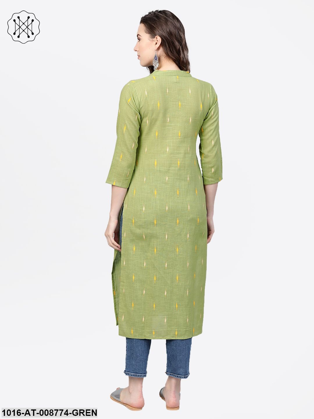 Pickle Green Straight kurta with Mandarin collar & 3/4 sleeves