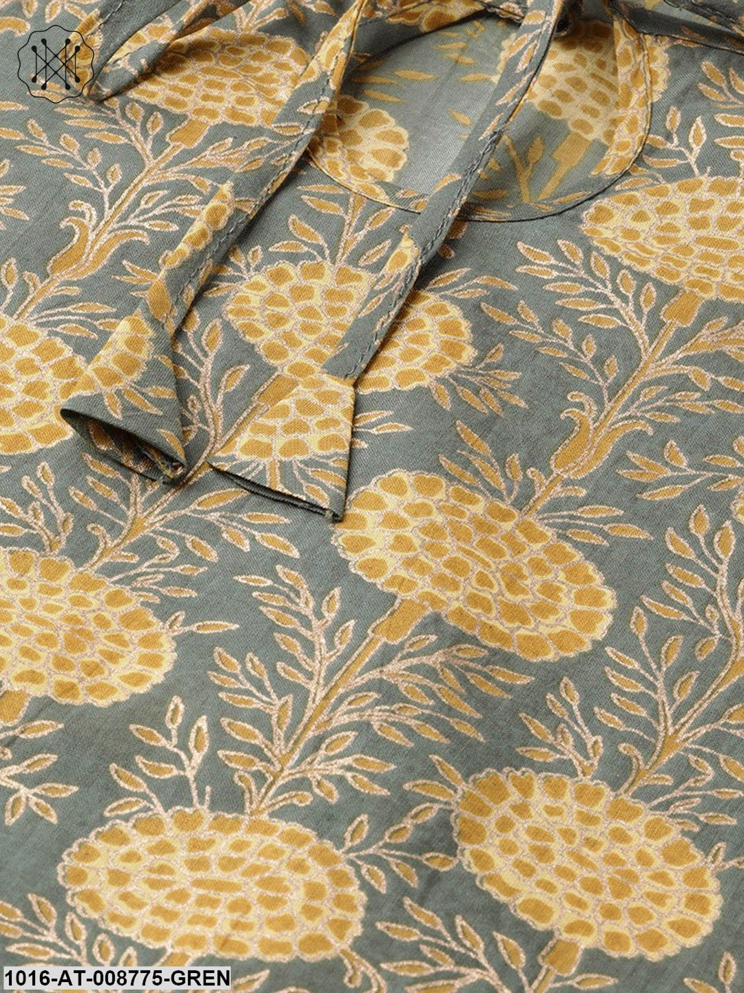 Moss green & yellow printed Straight kurta with Keyhole neck & 3/4 sleeves