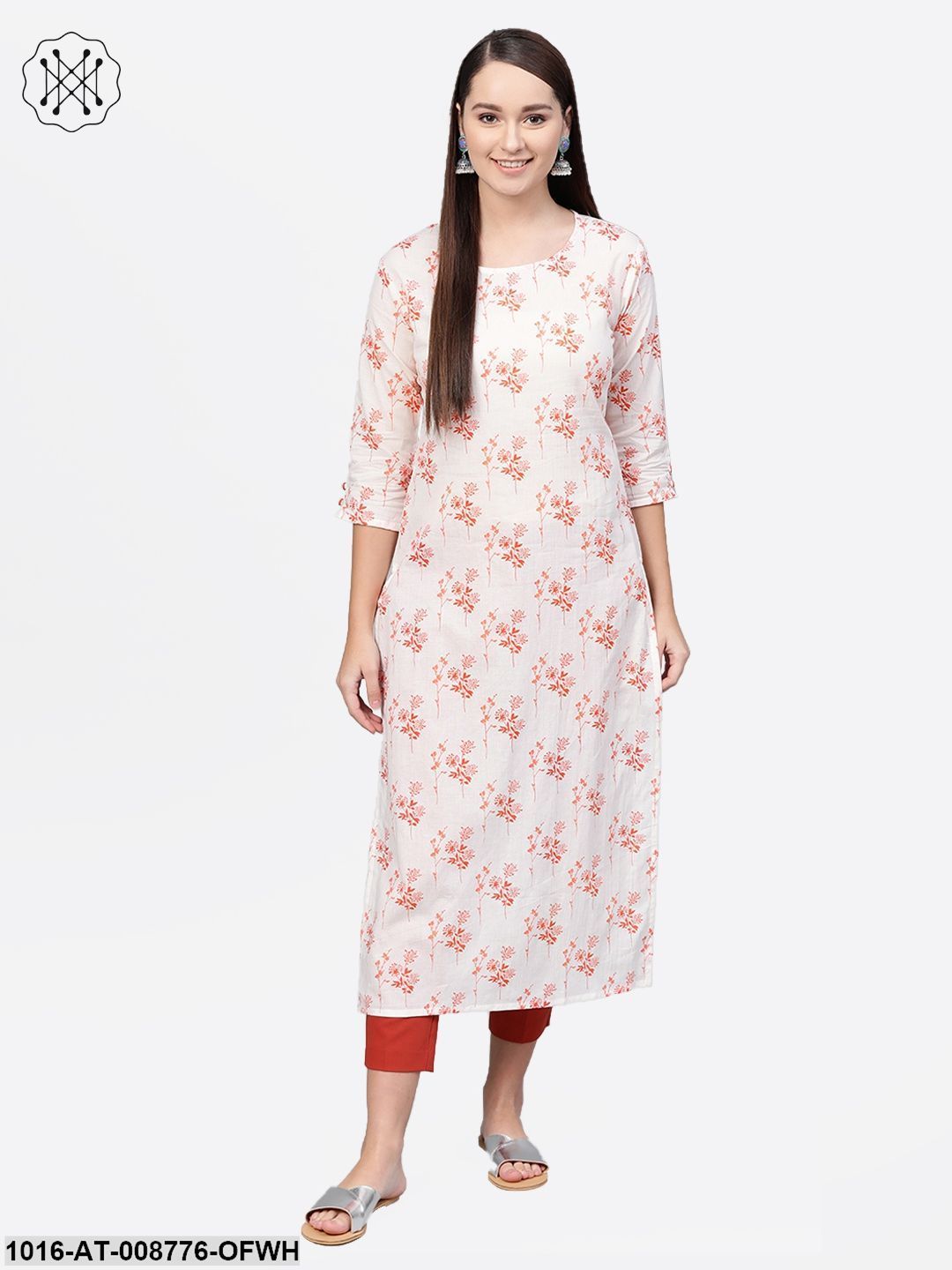 White & Orange Printed Straight kurta with Round Neck & 3/4 sleeves