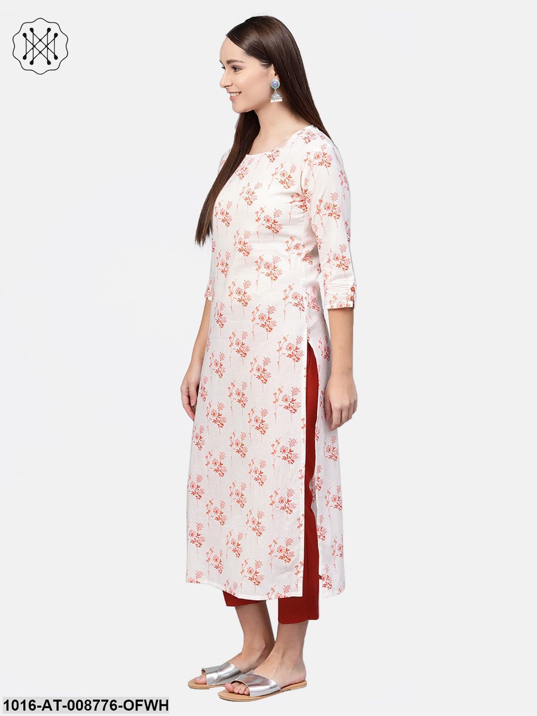 White & Orange Printed Straight kurta with Round Neck & 3/4 sleeves