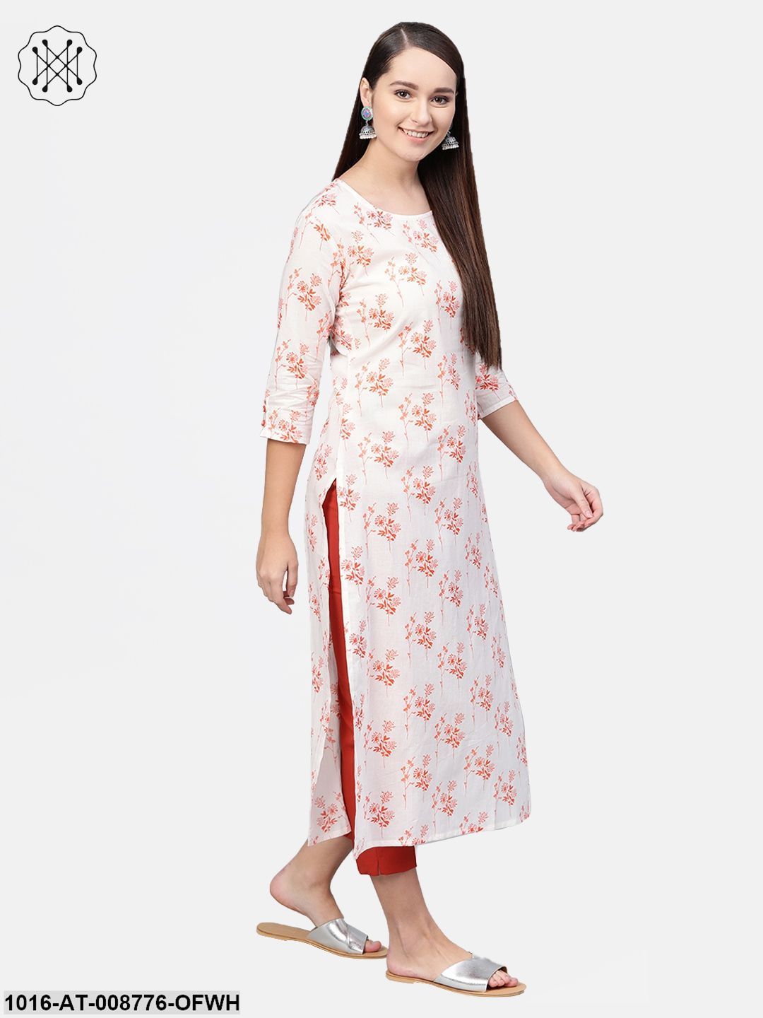 White & Orange Printed Straight kurta with Round Neck & 3/4 sleeves