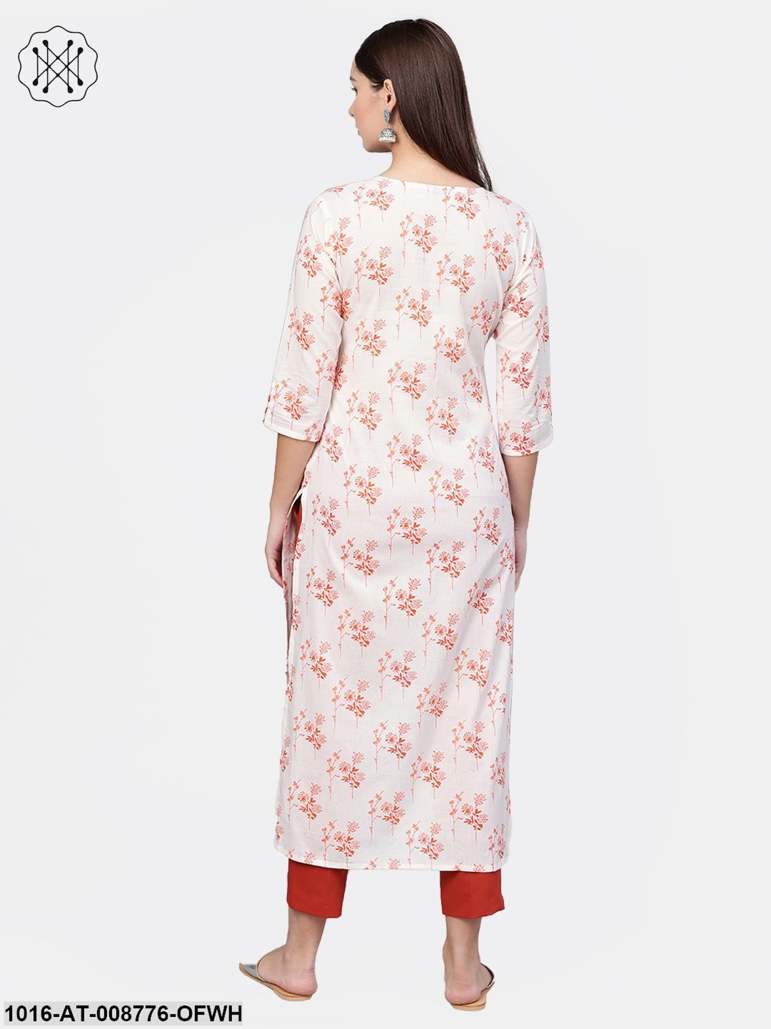 White & Orange Printed Straight kurta with Round Neck & 3/4 sleeves