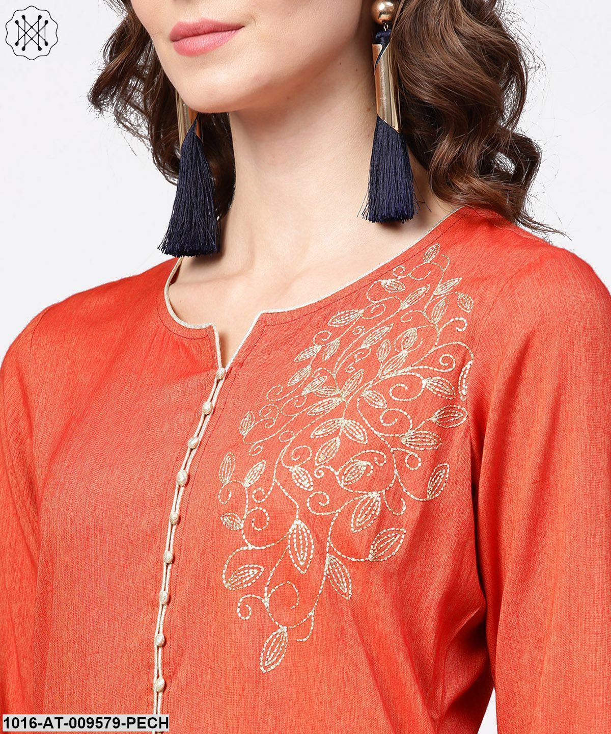 Peach Embroidery 3/4Th Sleeve Rayon Kurta