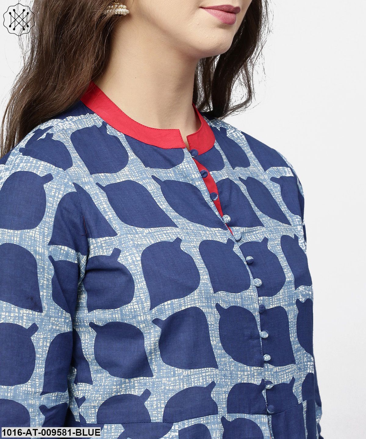 Blue Printed 3/4Th Sleeve Cotton Anarkali Kurta