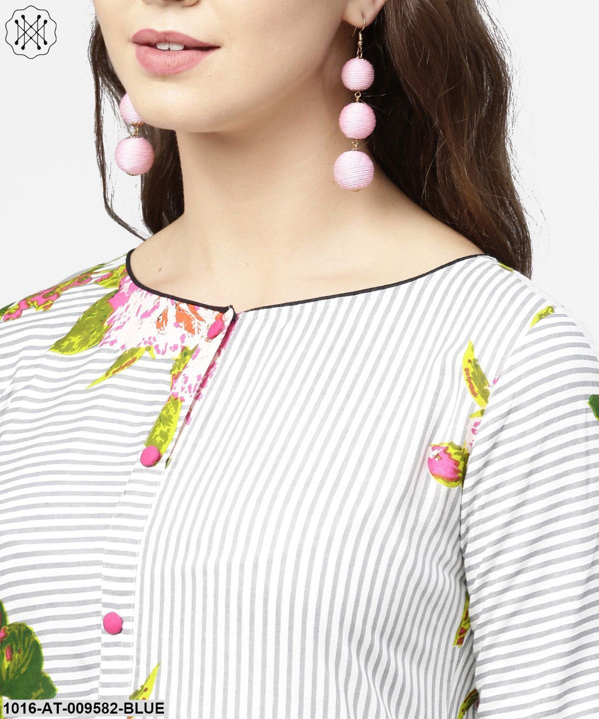 Blue Stripes & Flower Printed Front Open 3/4Th Sleeve Cotton Kurta