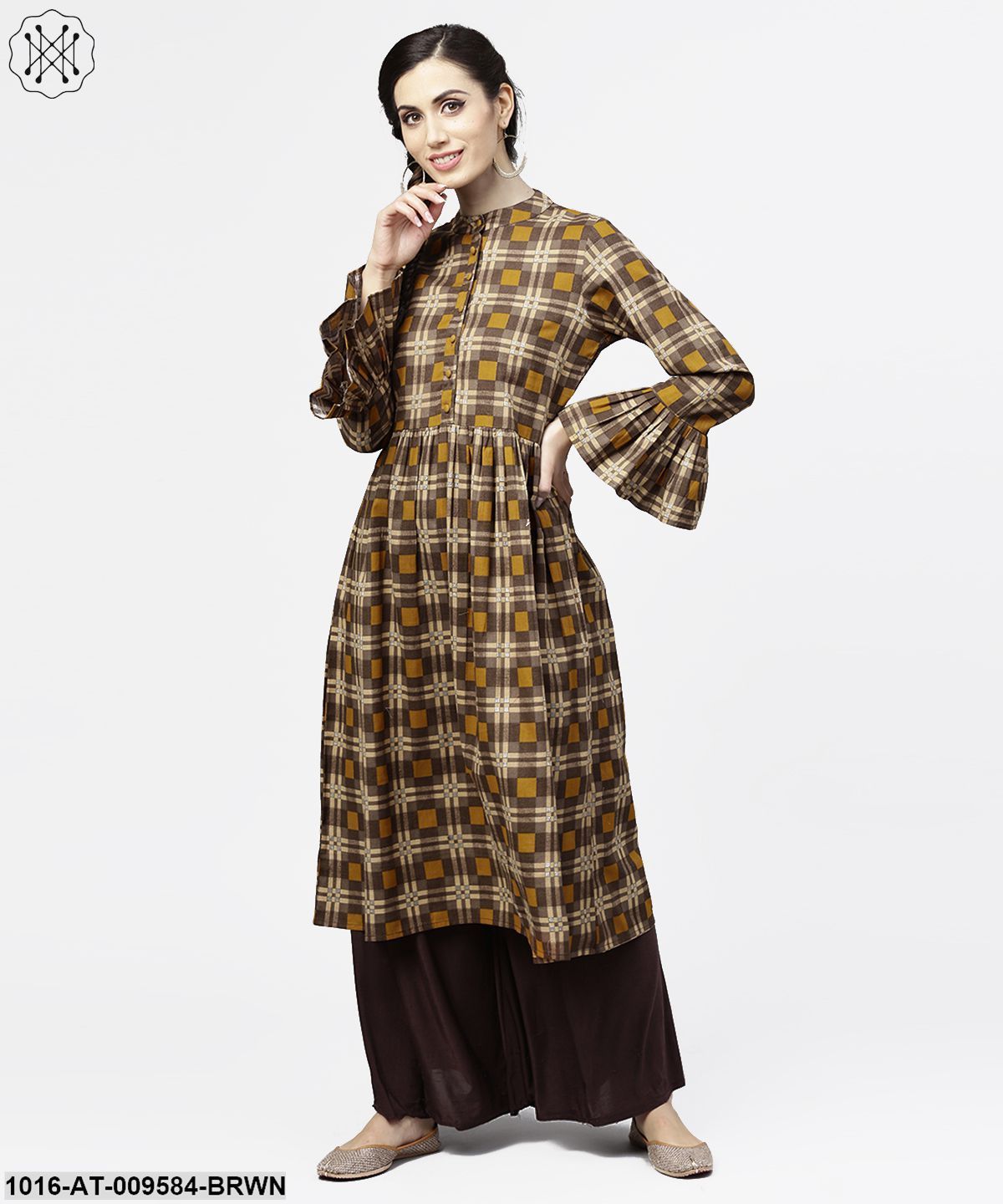 Coffee Brown & Yellow Full Sleeve Cotton Anarkali Kurta