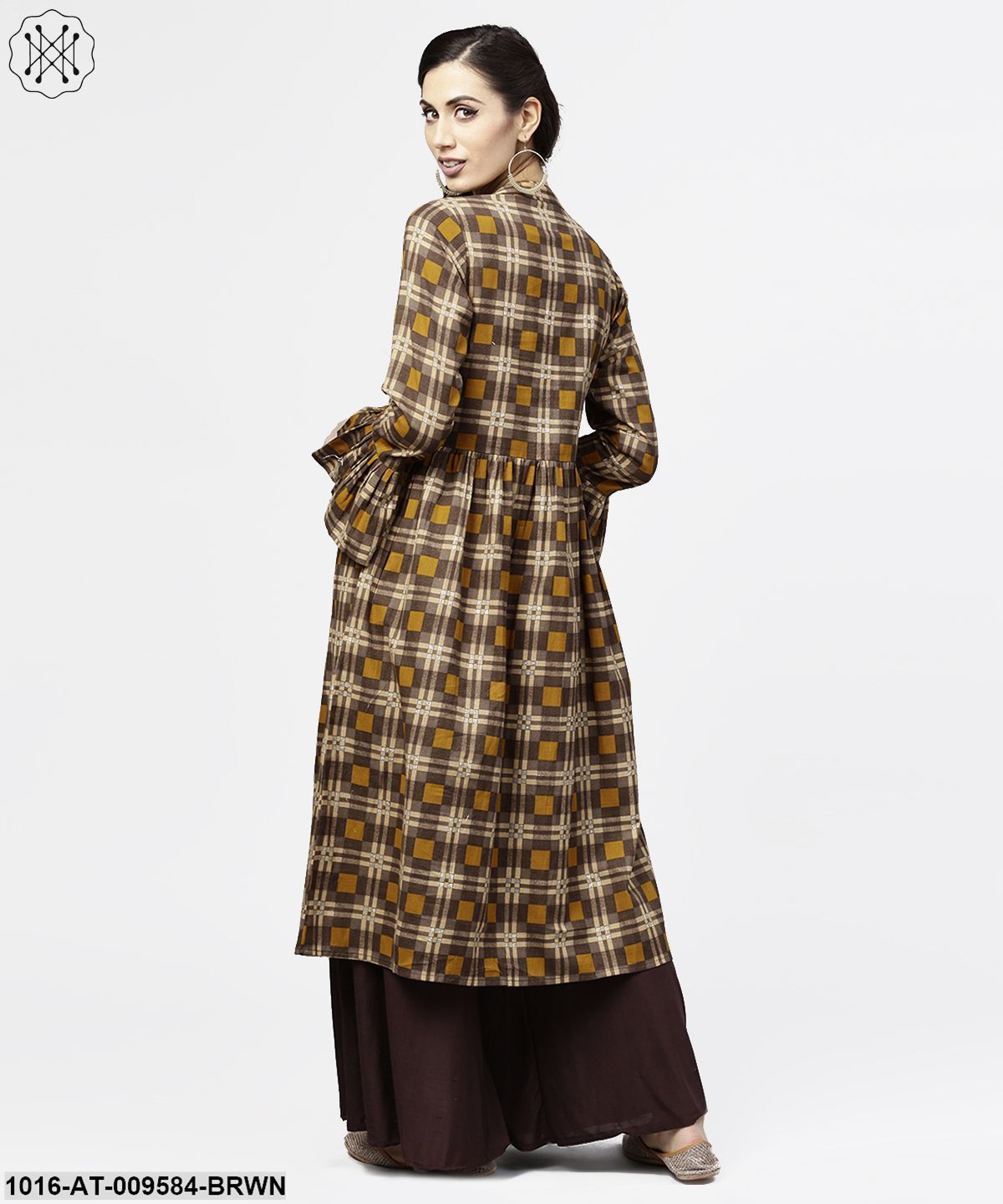 Coffee Brown & Yellow Full Sleeve Cotton Anarkali Kurta
